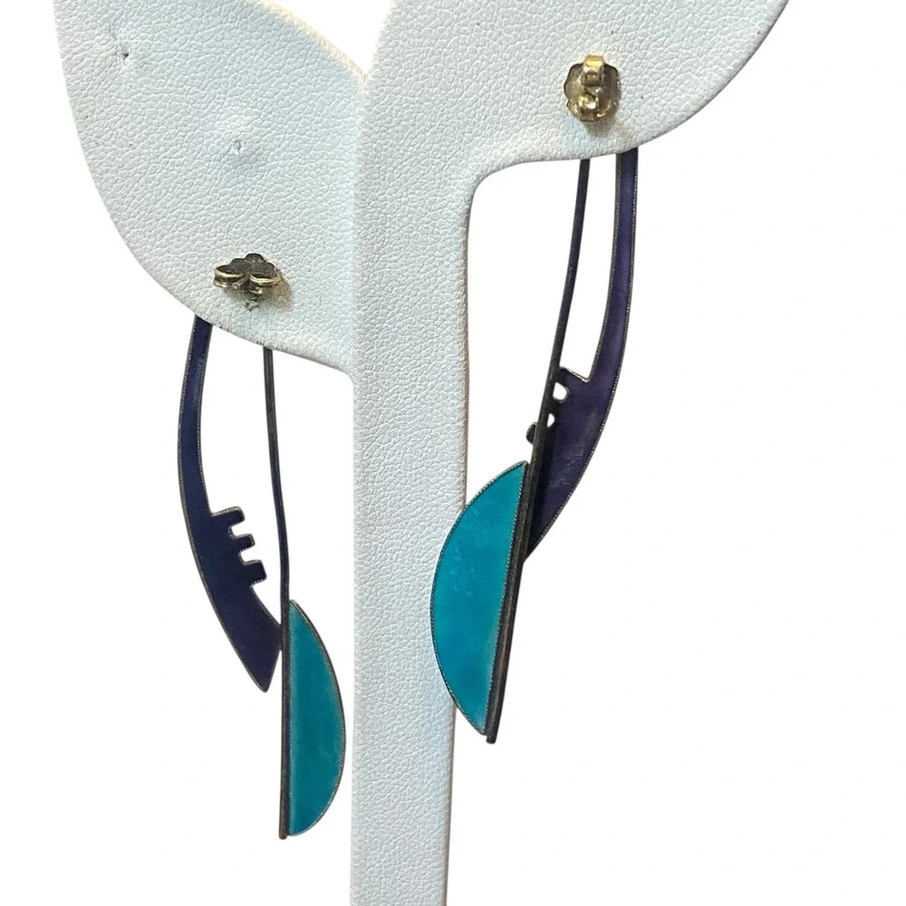 Vtg Enamel MCM Modernist Abstract Artisan Sterling Silver Long‎ Dangle Earring